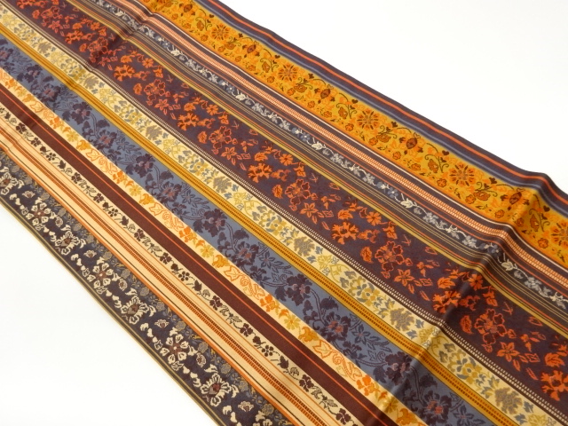 縞に花唐草模様織出し全通袋帯